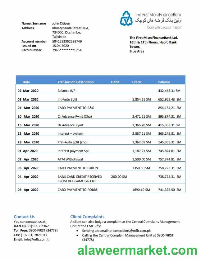 Tajikistan The First MicroFinance (FMFB) Bank statement